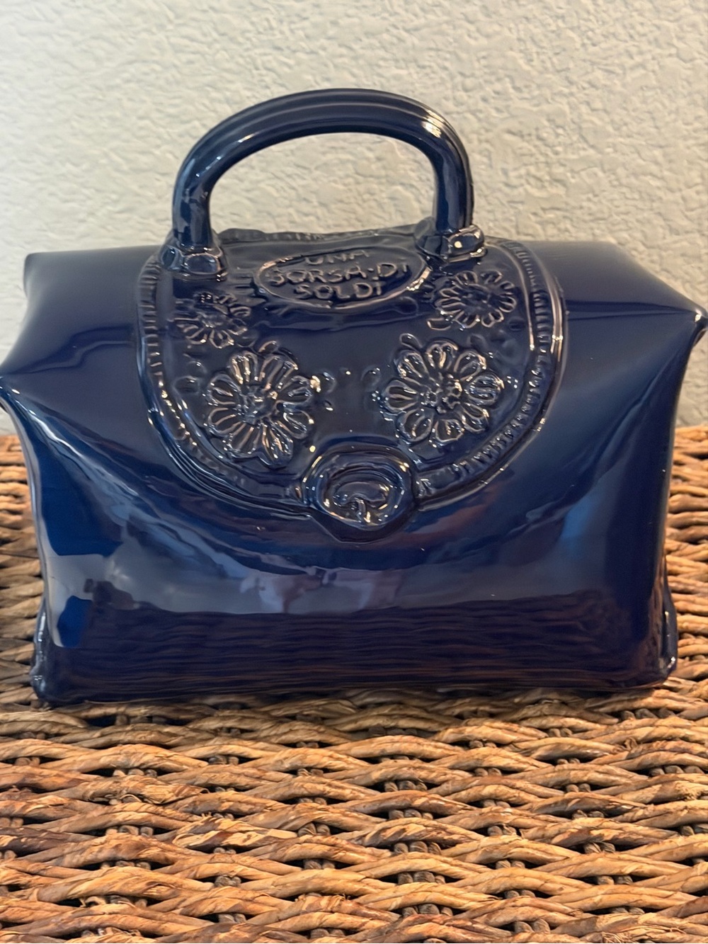 Vintage Italian Ceramic Handbag Sculpture Cobalt Blue Floral Purse Decor 10x6x4”